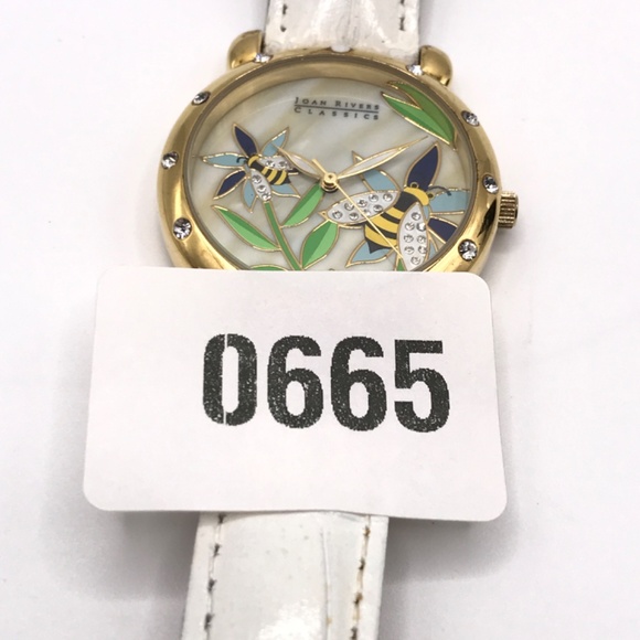 Joan Rivers Watch White Mother of Pearl Crystals Bees Floral Gold Plate Runs - Picture 13 of 13